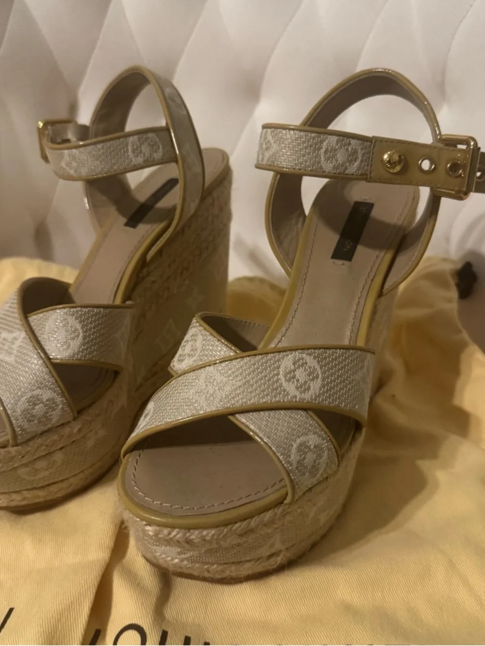 Louis Vuitton Cream Monogram Canvas Platform Wedge Sandals